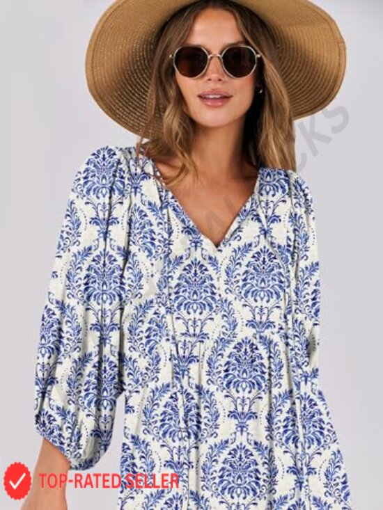 Boho Maxi Dress Flowy Swing V Neck Puff Sleeve Elegant Casual Summer - Picture 5 of 7